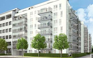 Vue d'angle du complexe résidentiel Tassiloplatz à Munich.