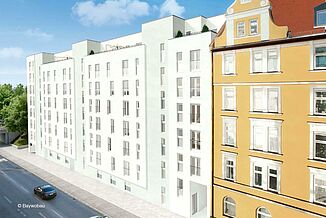 Vue de la rue de la façade du quartier résidentiel de Tassiloplatz à Munich.