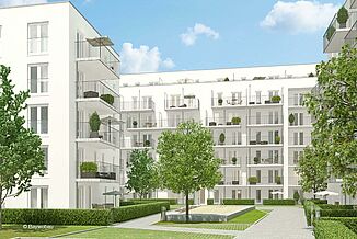 Espace vert dans la cour intérieure de la résidence Tassiloplatz à Munich.