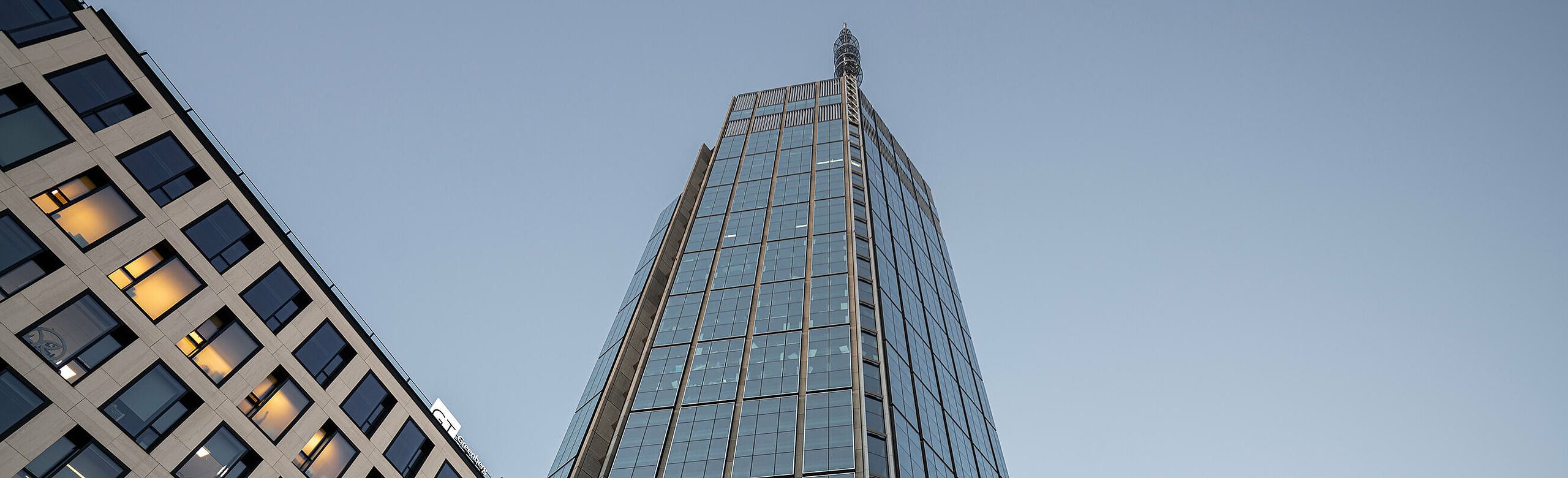 The Varso Tower in Warsaw at dusk.