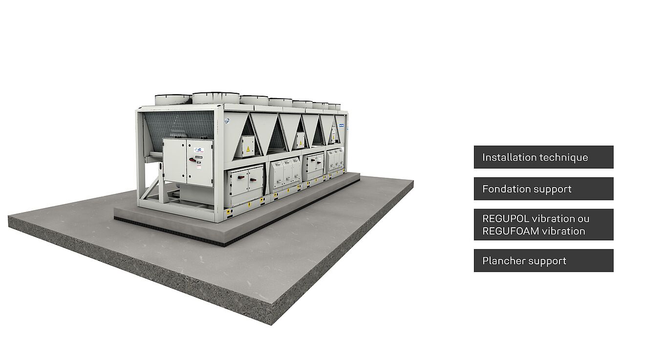 Rendu d'une installation technique de bâtiment avec des produits REGUPOL appropriés.