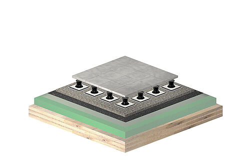 REGUPOL sound and drain 22 dalles en béton sur socles sur plafond CLT REGUPOL sound and drain 22 dalles en béton sur socles sur plafond CLT