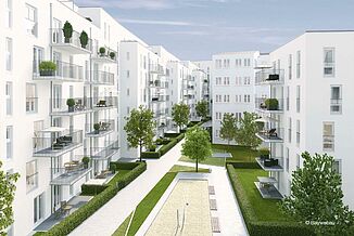 Cour intérieure végétalisée du quartier résidentiel de Tassiloplatz à Munich.